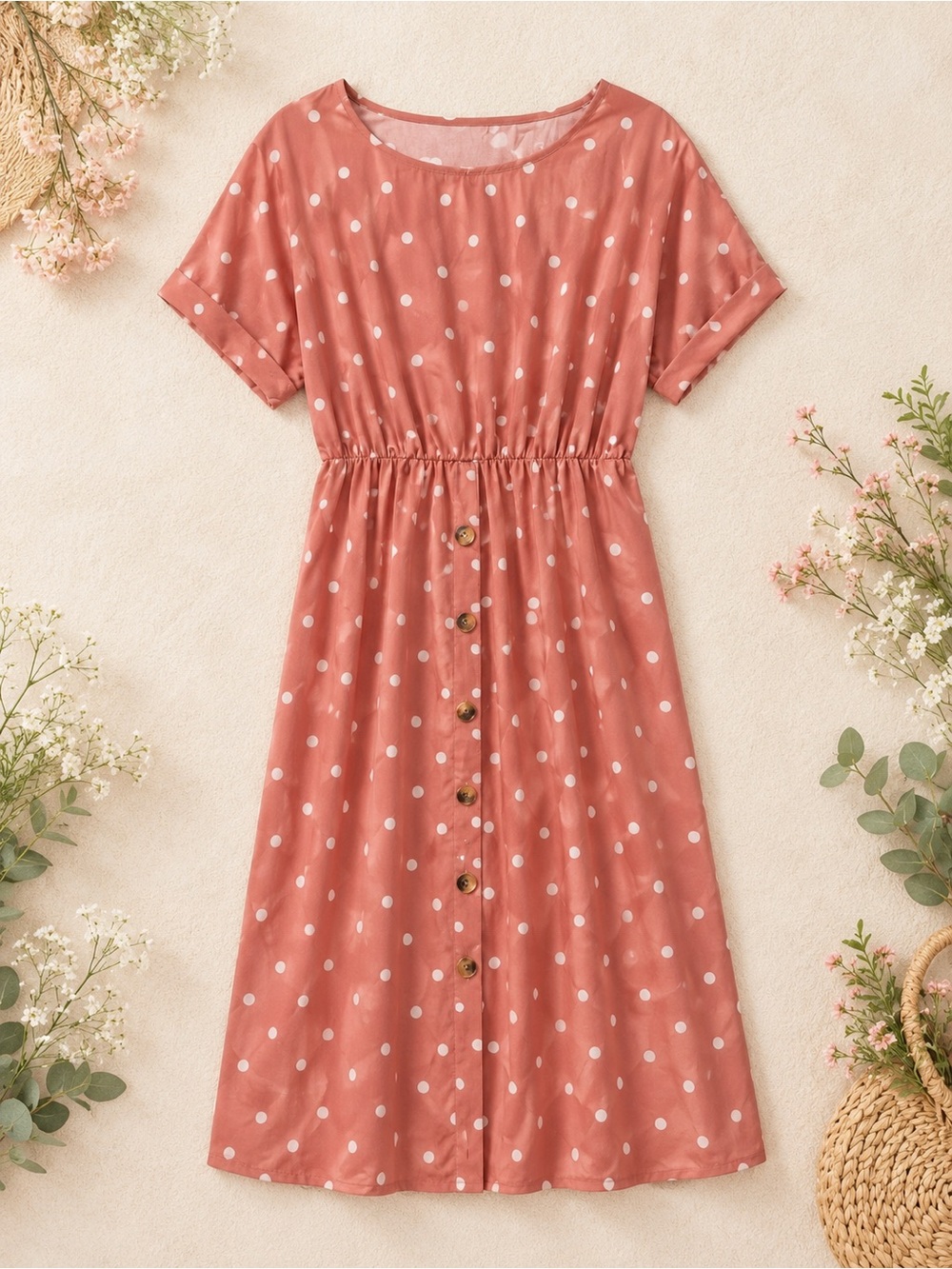 Polka Dot Midi Dress | Rose Pink, Faux Button Front, Belted
